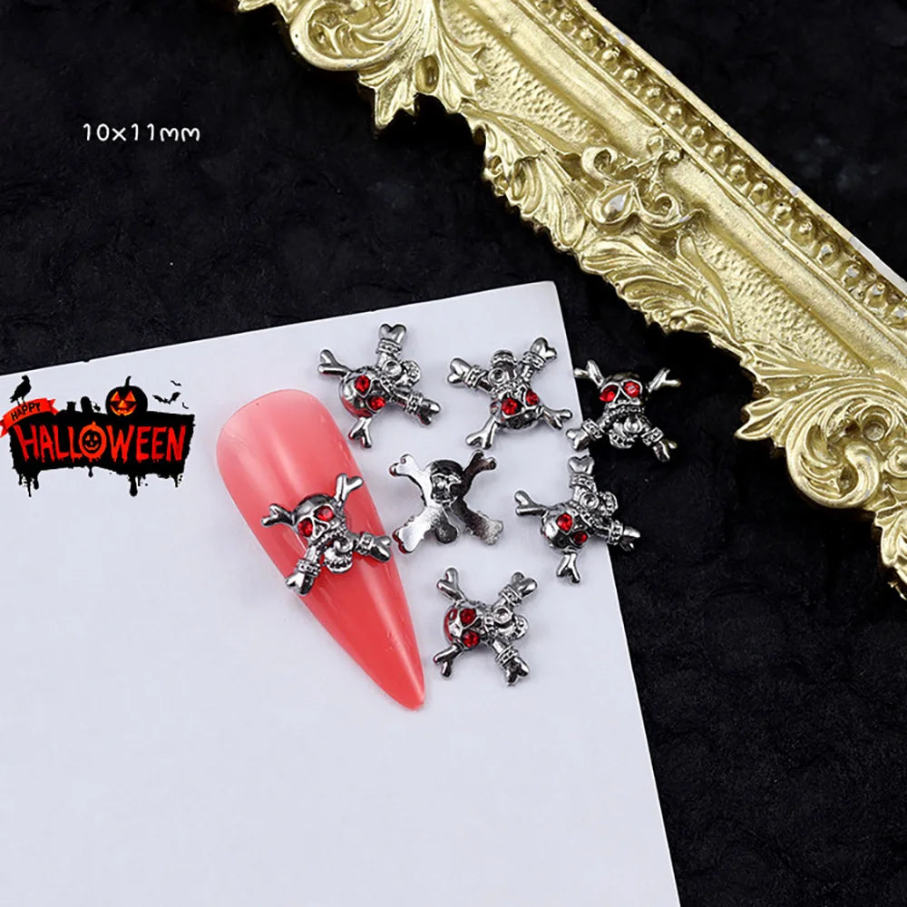 10Pcs Halloween Punk Chrome Nail Charms Alloy Diamond Rhinestones Skull/Spider/Cross Gun Black Manicure Jewelry Nail Art Decors