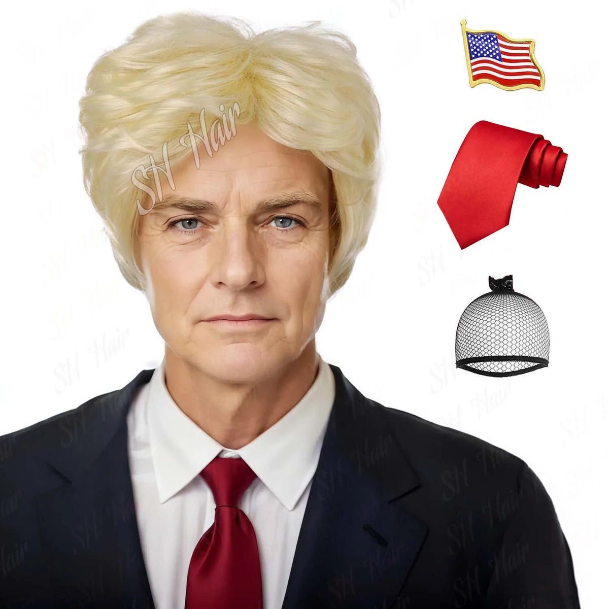 Synthetic 3pc Blonde Costume Wig + Flag Pin + Red Tie for Adults Blonde Layered Cosplay Mens Wig Halloween Costumes Funny Wigs