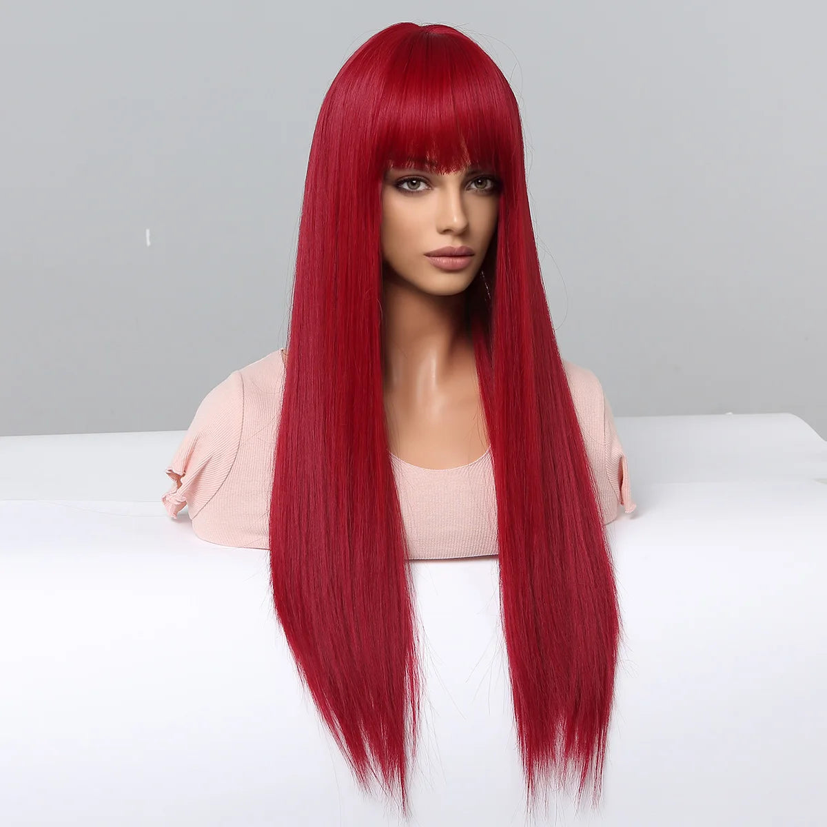 HENRY MARGU Red Long Straight Synthetic Wig with Bangs Burgundy Colorful Cosplay Wigs for Women Halloween Wigs Heat Resistant