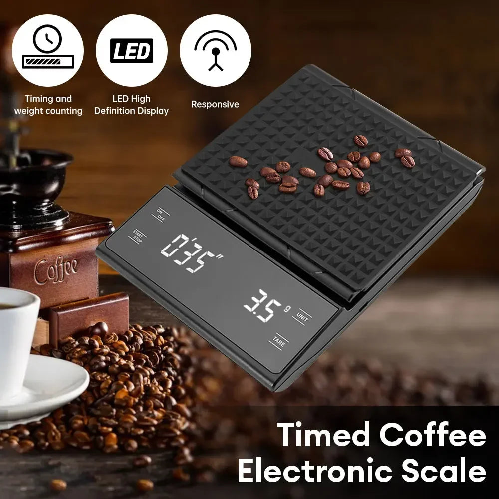 Digital Rechargable Coffee Scale with Timer LED Screen Espresso USB 3kg Max.Weighing 0.1g High Precision Measures Kitchen Scale