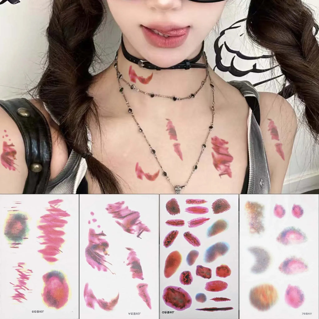 4/16pcs Halloween Terror Wound Temporary Tattoo Realistic Blood Bruising Arm Body Arts Cosplay Lasting Fake Tattoo Stickers
