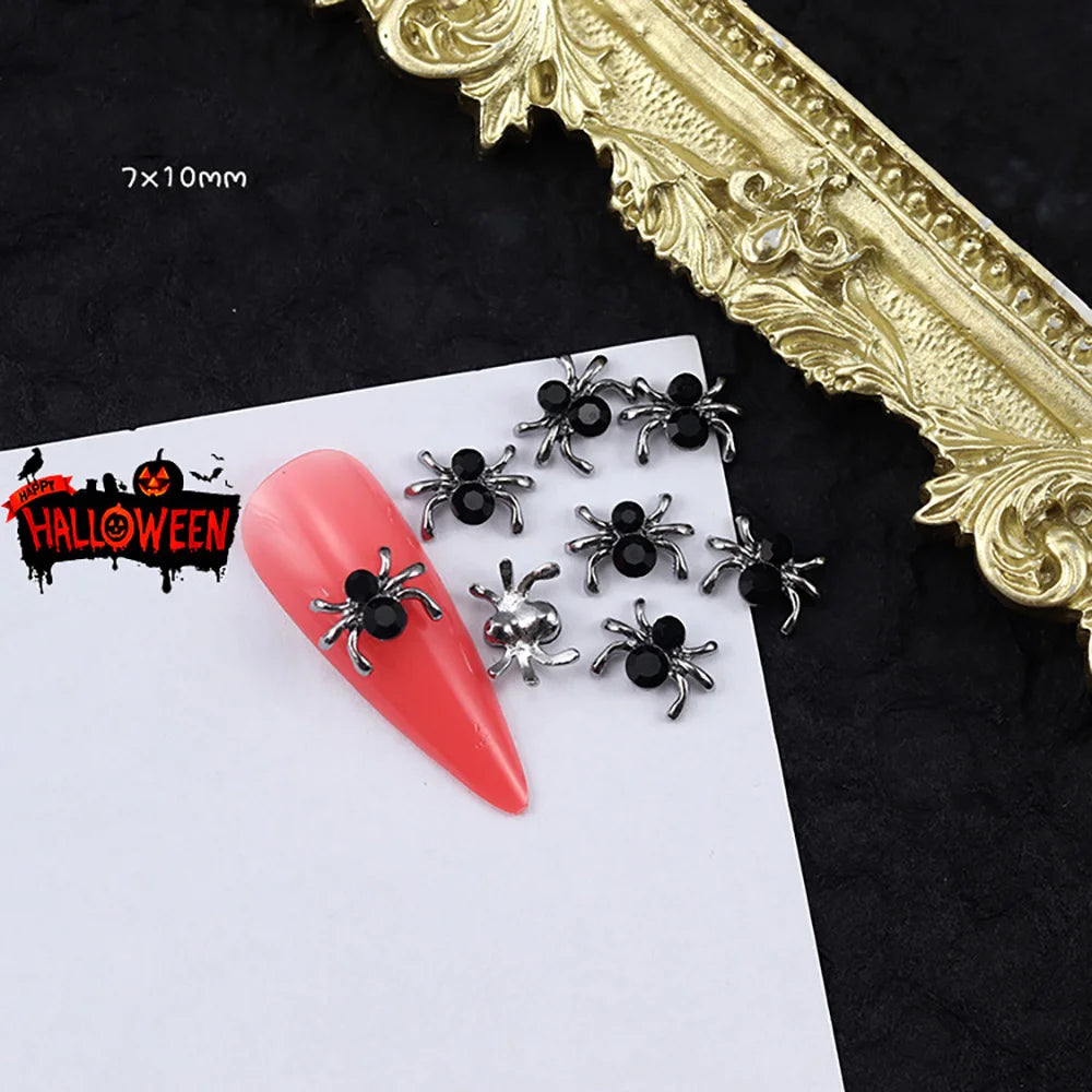 10Pcs Halloween Punk Chrome Nail Charms Alloy Diamond Rhinestones Skull/Spider/Cross Gun Black Manicure Jewelry Nail Art Decors