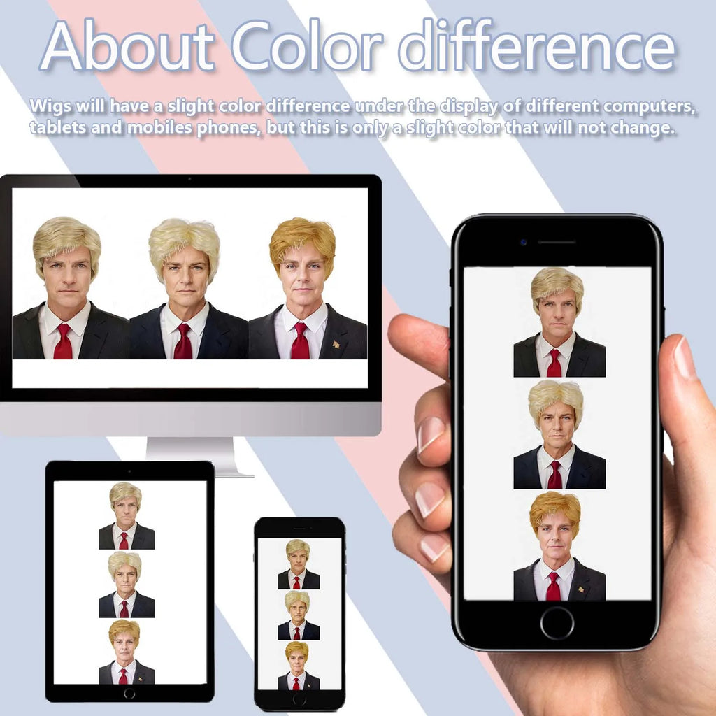 Synthetic 3pc Blonde Costume Wig + Flag Pin + Red Tie for Adults Blonde Layered Cosplay Mens Wig Halloween Costumes Funny Wigs