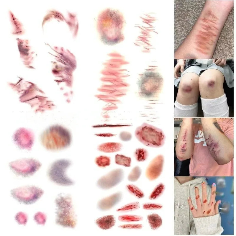 4/16pcs Halloween Terror Wound Temporary Tattoo Realistic Blood Bruising Arm Body Arts Cosplay Lasting Fake Tattoo Stickers