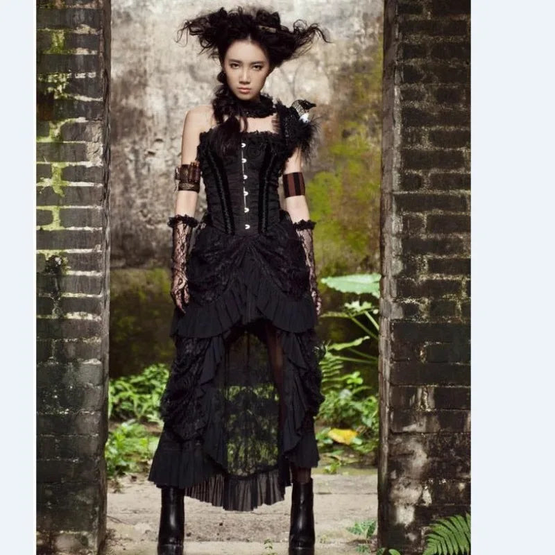 Gothic Black Long Bustle Lace Ruffle Skirt Halloween Victorian Costume Women Punk Overskirt Trailing Dance Banquet Overdress