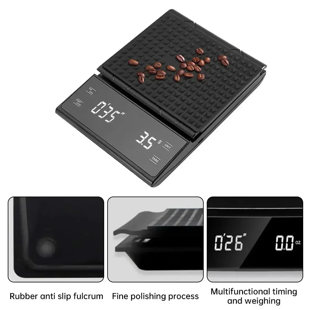 Digital Rechargable Coffee Scale with Timer LED Screen Espresso USB 3kg Max.Weighing 0.1g High Precision Measures Kitchen Scale