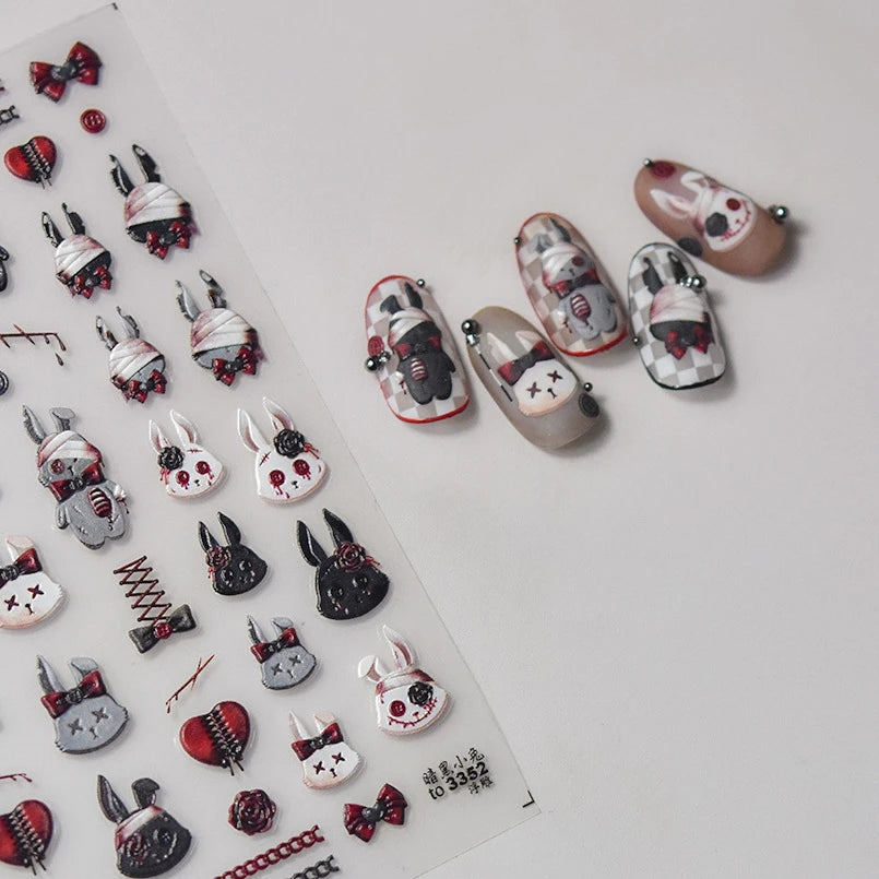 Halloween Horror Bloody Dark Rabbit Cat Pumpkin Flower Bowknot Bear Bunny Ghost Bat Cross Skull Nail Art Stickers Manicure Decal