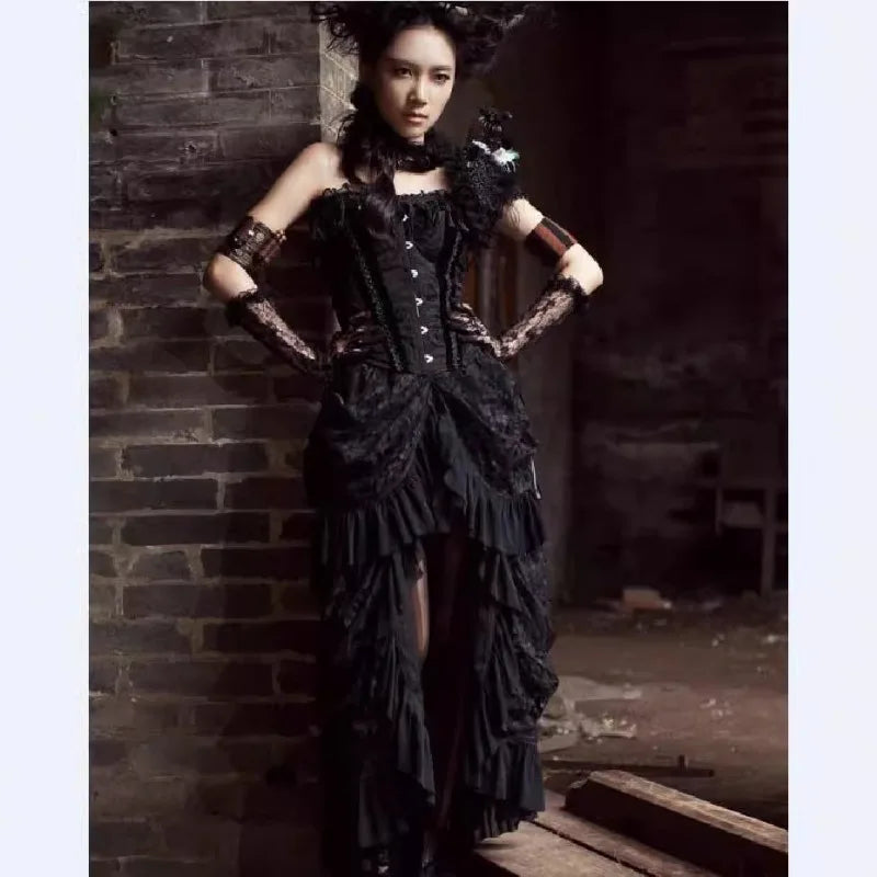 Gothic Black Long Bustle Lace Ruffle Skirt Halloween Victorian Costume Women Punk Overskirt Trailing Dance Banquet Overdress