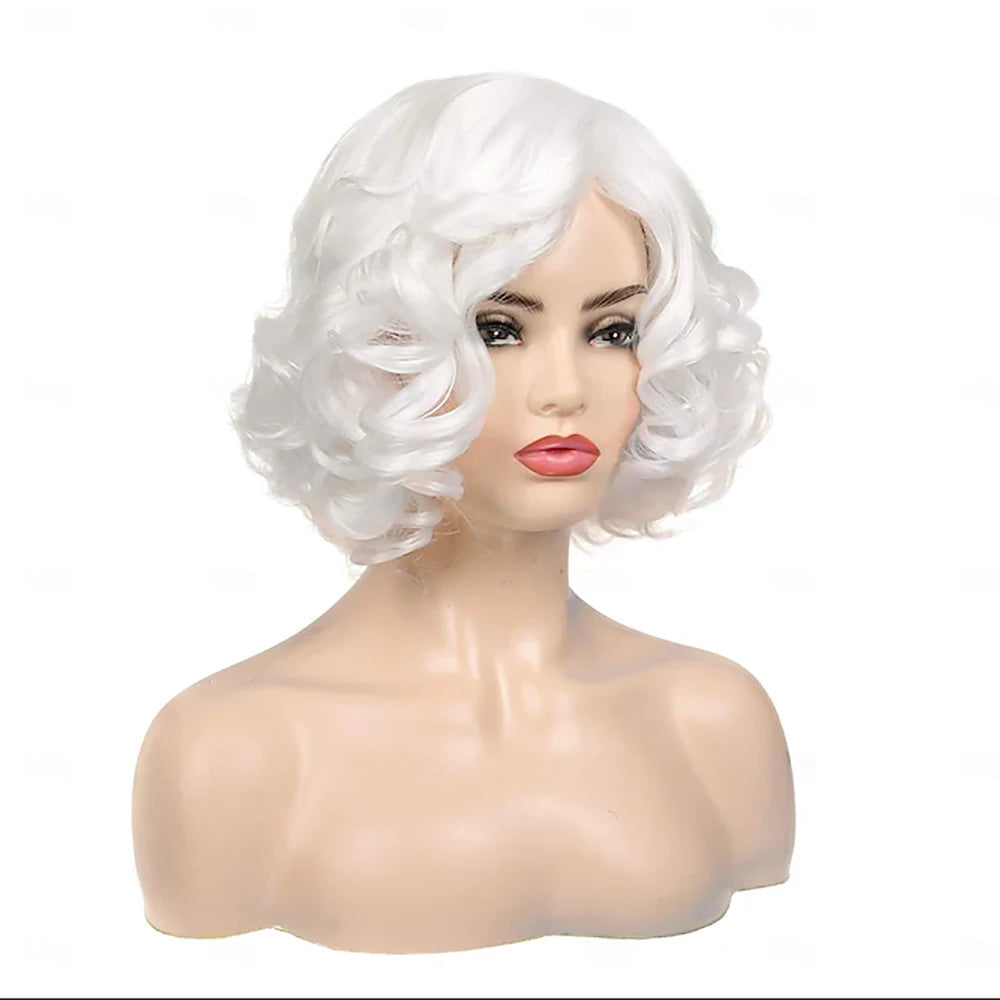 HAIRJOY Synthetic Hair Short Curly White Wig for Women  Wavy Costume Wig for Cosplay Party Halloween Wigs
