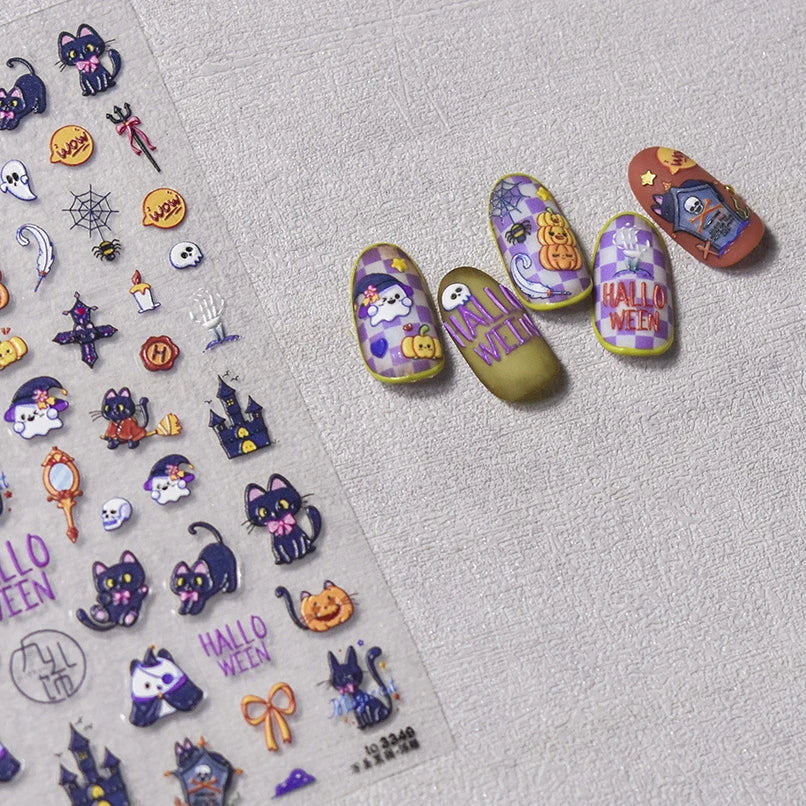 Halloween Horror Bloody Dark Rabbit Cat Pumpkin Flower Bowknot Bear Bunny Ghost Bat Cross Skull Nail Art Stickers Manicure Decal