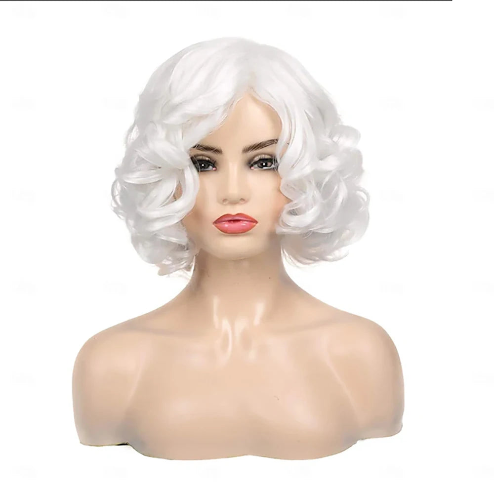 HAIRJOY Synthetic Hair Short Curly White Wig for Women  Wavy Costume Wig for Cosplay Party Halloween Wigs