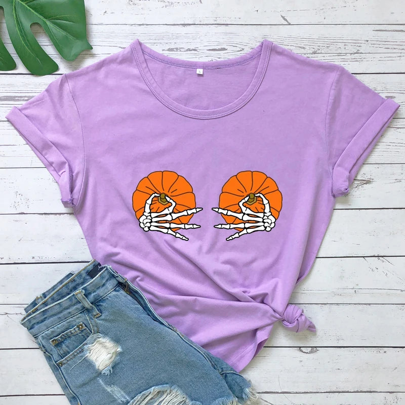 Halloween Pumpkin Boobs Colored T-shirt Funny Skeleton Boobs Top Tee Shirt Women Spooky Holiday Fall Tshirt