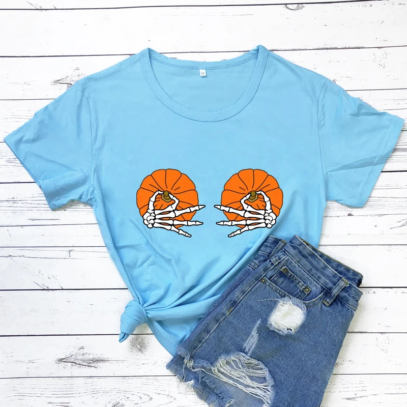 Halloween Pumpkin Boobs Colored T-shirt Funny Skeleton Boobs Top Tee Shirt Women Spooky Holiday Fall Tshirt