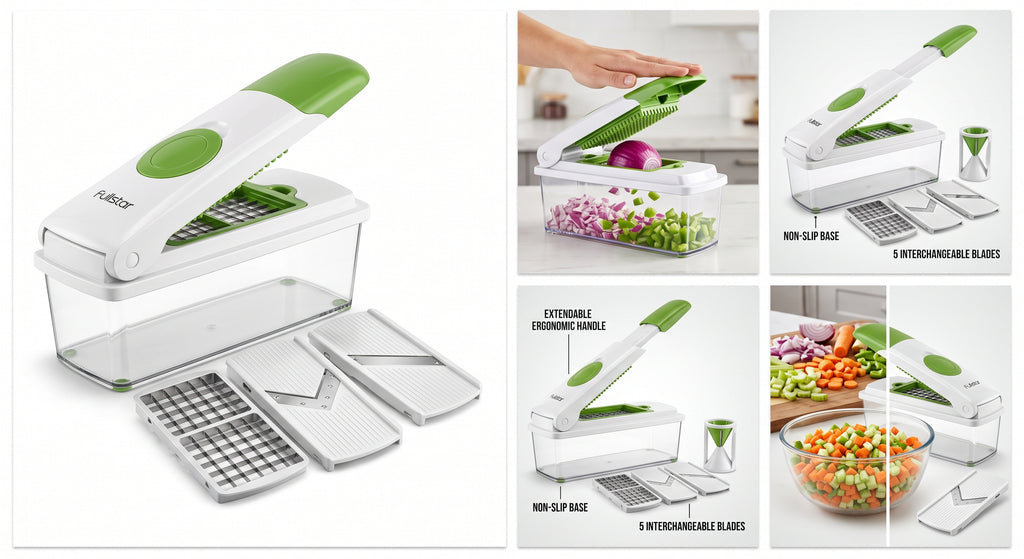 Cortador de verduras y hortalizas multifuncional con cuchillas intercambiables de acero inoxidable quirúrgico. Pica, rebana, ralla y corta en juliana en segundos. Incluye contenedor recolector transparente de alta capacidad, base antideslizante y protector de seguridad para dedos. Reduce el tiempo de preparación de comidas a la mitad.