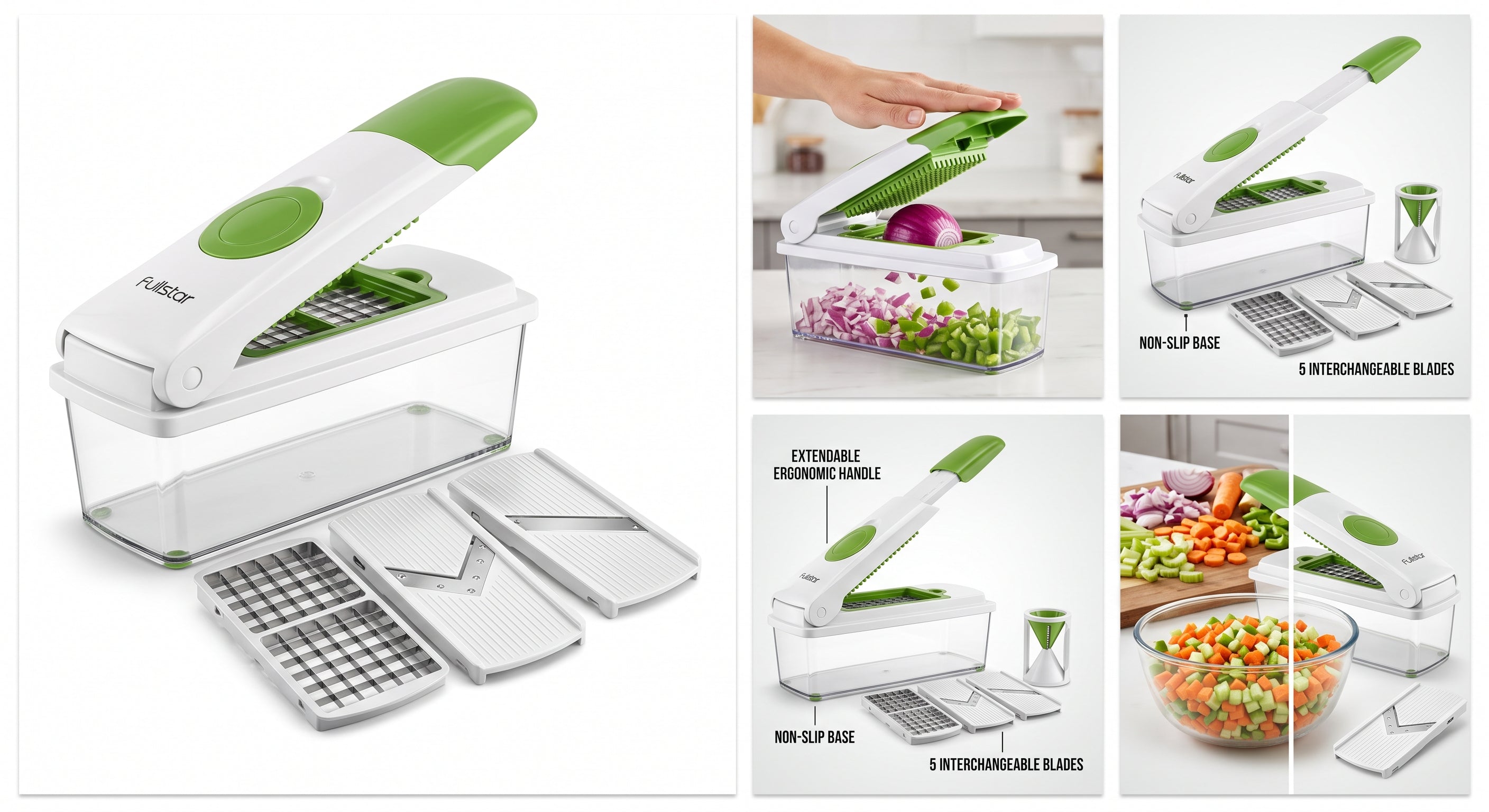 Cortador de verduras y hortalizas multifuncional con cuchillas intercambiables de acero inoxidable quirúrgico. Pica, rebana, ralla y corta en juliana en segundos. Incluye contenedor recolector transparente de alta capacidad, base antideslizante y protector de seguridad para dedos. Reduce el tiempo de preparación de comidas a la mitad.